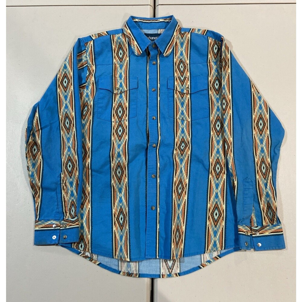 Wrangler Pearl Snap Shirt Youth XL 14-16 Blue/White Aztec LS Western Cowboy EUC